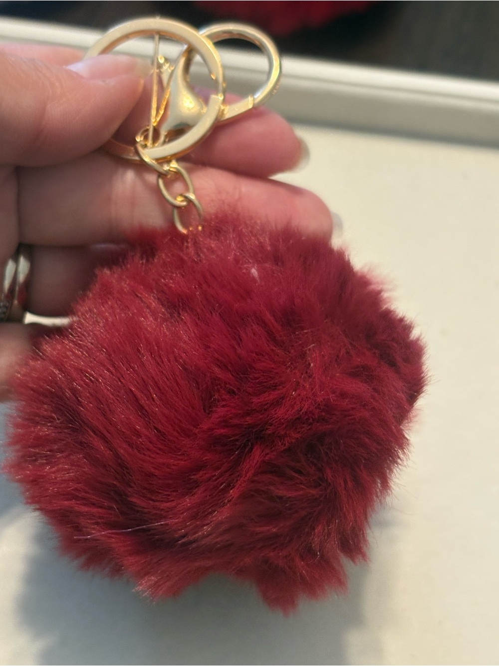 Plush Pom Pom Keychain in Deep Red with Gold Hardware